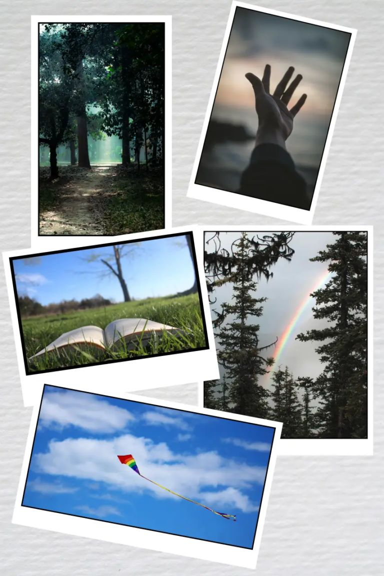 photo collage trees, sky, rainbow, kite, story book, hand
